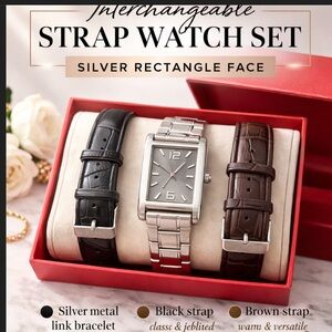 Silver Rectangle Face Watch with Black and Brown Straps